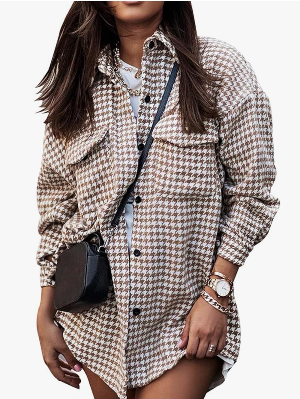 Brown & White Houndstooth Button-Down Shirt Jacket